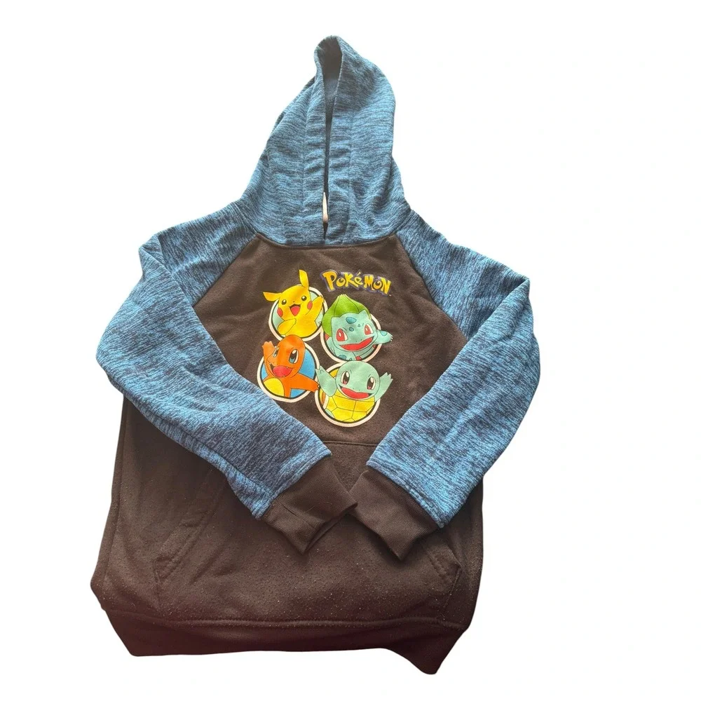 Pokemon Hoodie Youth Size 5/6 Blue Black Pullover Pikachu Charmander Bulbasaur
